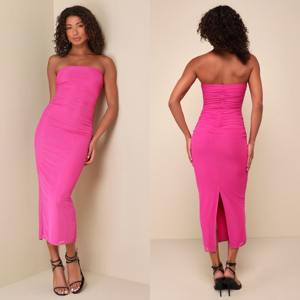 Lulus Late Night Crush Magenta Mesh Ruched Strapless Midi Dress